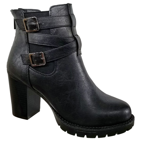 New Black Chelse Lug Chunky Heel Ankle Boot Bootie - Picture 2 of 2